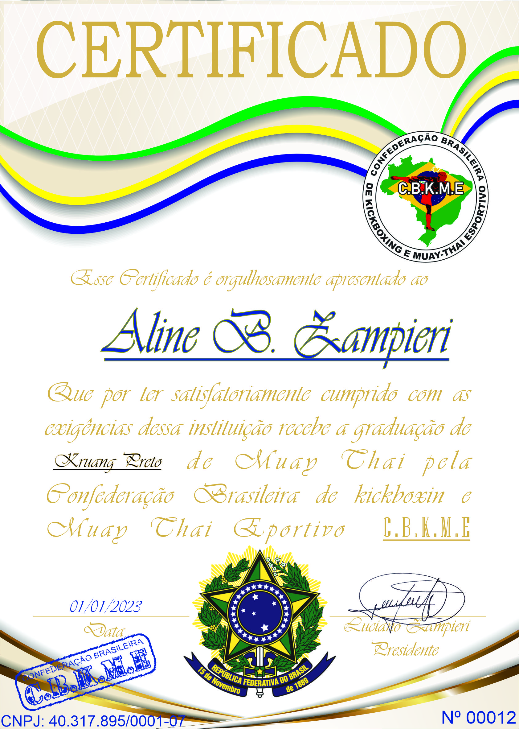 Modelo de certificado oficial de Muay Thai da CBKME